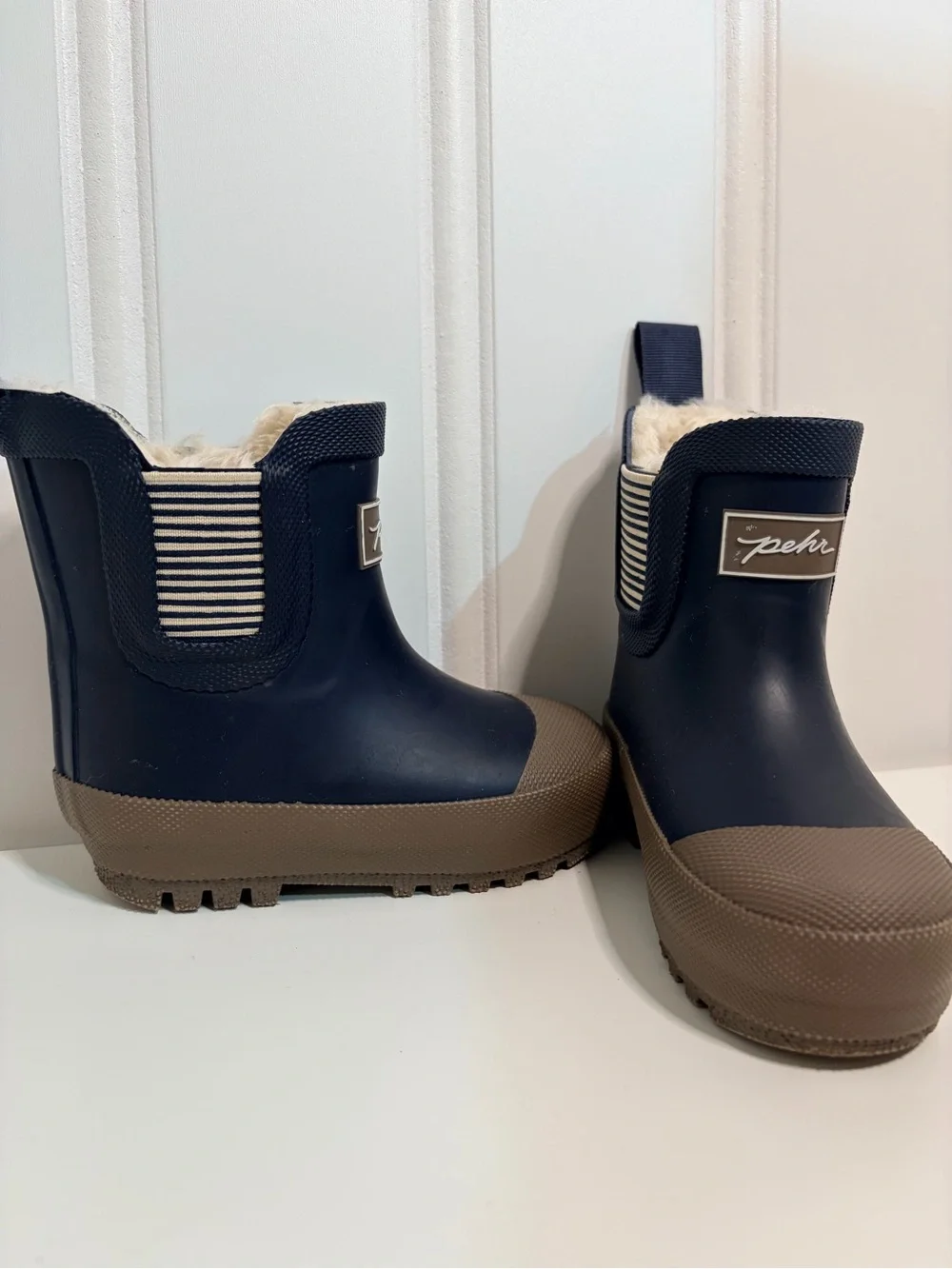 Pehr Kids Navy and Brown fur lined Waterproof Rain Boots